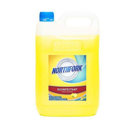 Northfork Lemon Disinfectant 5L bottle for cleaning and deodorizing, ideal for hospitals, schools, and homes.