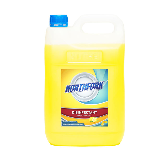 Northfork Lemon Disinfectant 5L bottle for cleaning and deodorizing, ideal for hospitals, schools, and homes.