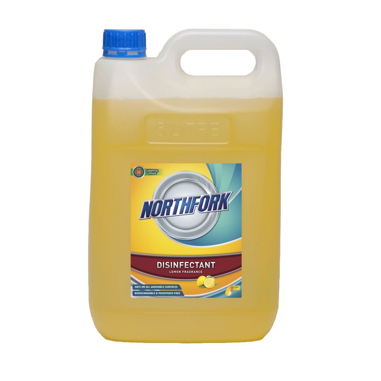 Northfork Lemon Disinfectant 5L - Hospital-grade cleaner for all hard surfaces, effective against bacteria with a fresh lemon scent.