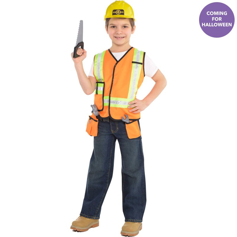 Bright construction worker costume kit for ages 4-6, featuring a vest, tool belt, tools, goggles, and blueprint for imaginative play.