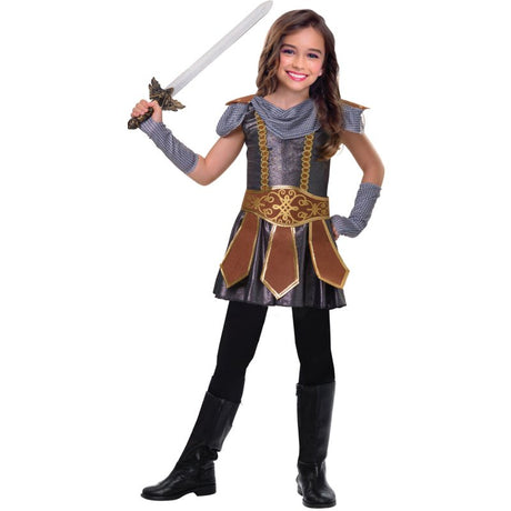 Enchanting Warrior Cutie costume for girls aged 7-8, featuring a vibrant dress, stylish belt, and gloves for imaginative play.