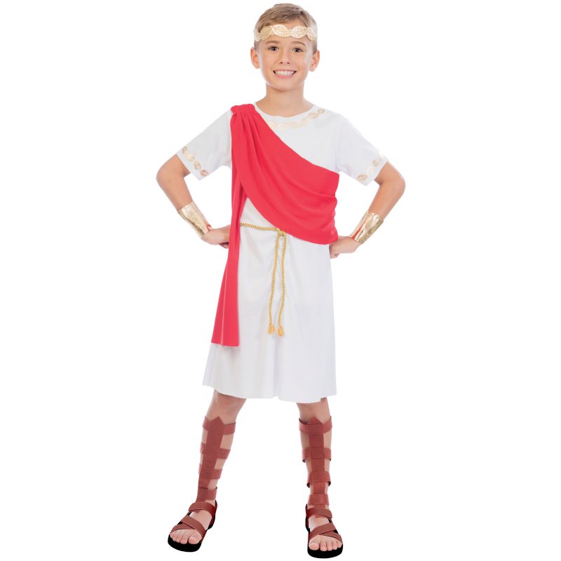 White Roman-style toga costume for boys aged 8-10, featuring a gold sash, ideal for parties and school events.