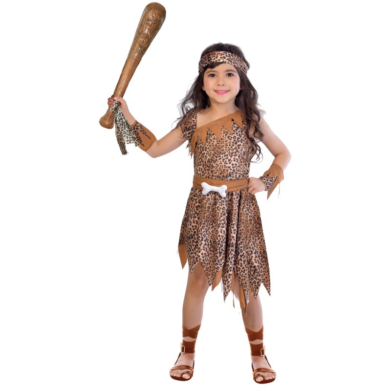 Cavegirl Costume for kids 4-6 years, featuring robe, belt, bandana, and wrist cuffs for imaginative play.