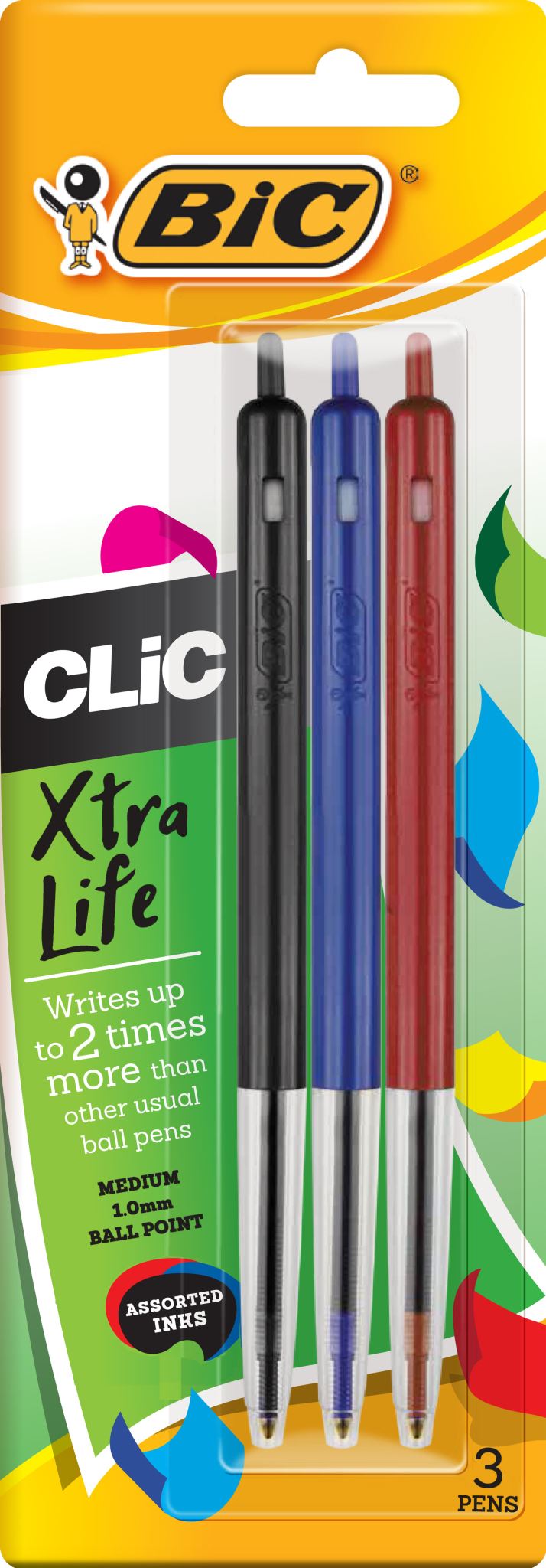 BIC Clic Medium Ballpoint Pens Assorted Color (Pack of 3)