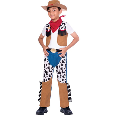 Cowboy costume for kids aged 4-6, featuring trousers, mock waistcoat top, necktie, and classic cowboy hat.