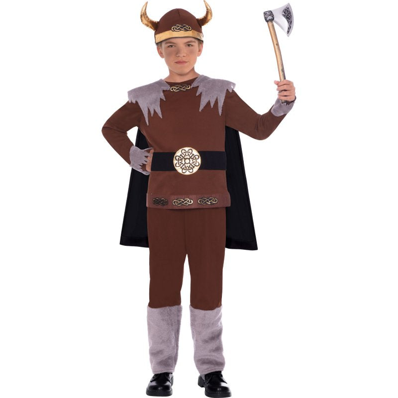 Viking Warrior Costume for kids aged 6-8, featuring a detailed top, cape, trousers, and iconic hat for imaginative play.