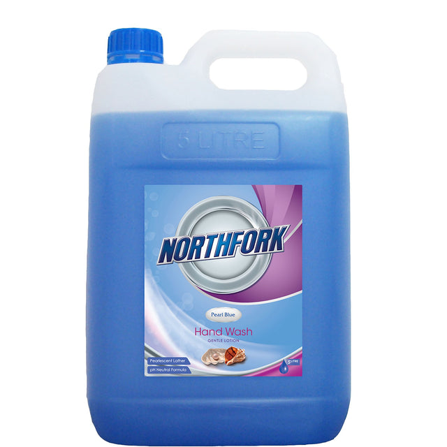 Northfork Liquid Hand Wash Pearl Blue 5L in a large bottle, designed for effective antibacterial cleansing and skin nourishment.