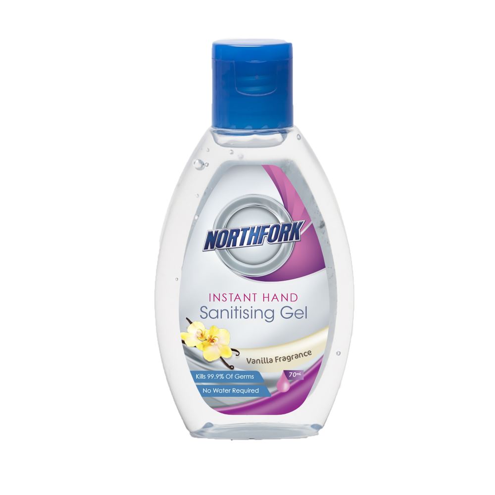 Northfork Instant Hand Sanitising Gel 70ml kills 99.9% of germs, infused with Vanilla scent, and conditions skin without greasiness.