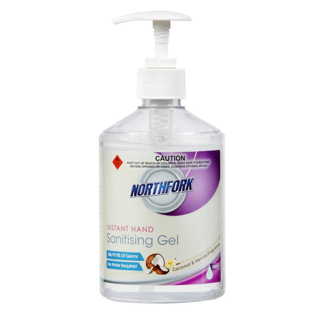 Northfork 500ml hand sanitiser gel with coconut scent, kills 99.9% of germs, moisturizing, non-greasy formula.