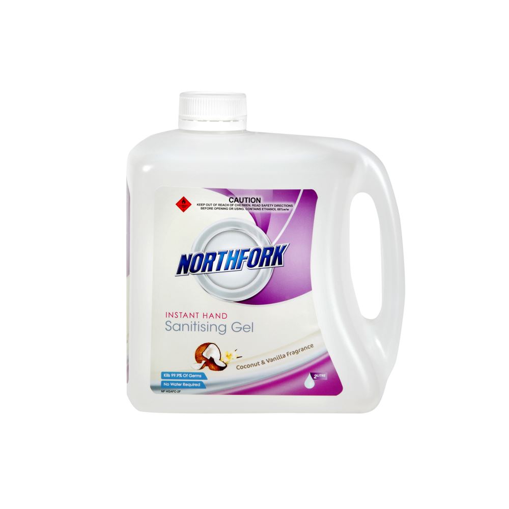 Northfork Hand Sanitiser Gel 2L with vanilla and coconut scent, kills 99.9% of germs, non-greasy and moisturizing.