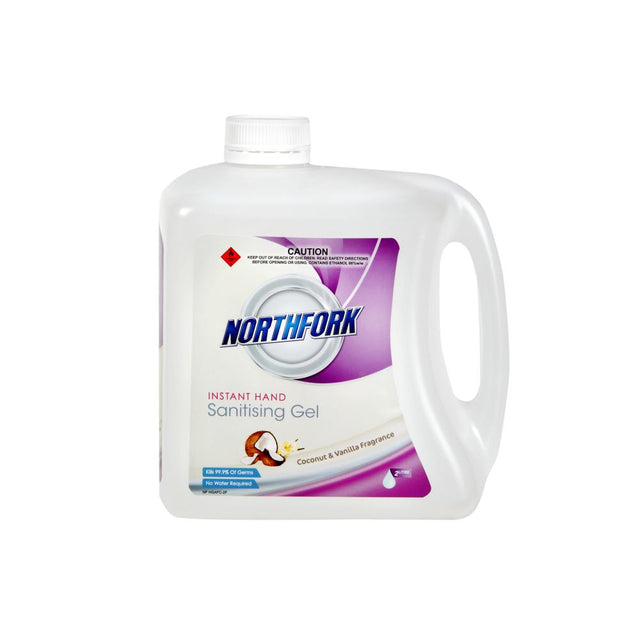 Northfork Hand Sanitiser Gel 2L with vanilla and coconut scent, kills 99.9% of germs, non-greasy and moisturizing.