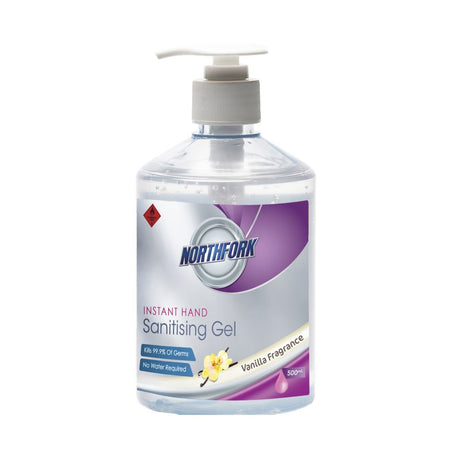 Northfork 500ml alcohol-free hand sanitiser gel kills 99.9% of germs, featuring a pleasant vanilla scent and skin conditioners.