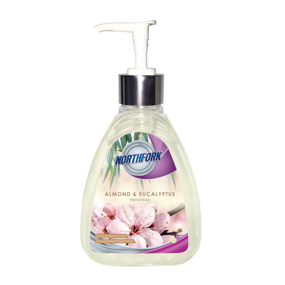 Northfork Liquid Hand Wash in a stylish triangular bottle, featuring almond and eucalyptus scent, eco-friendly formula, 250ml.