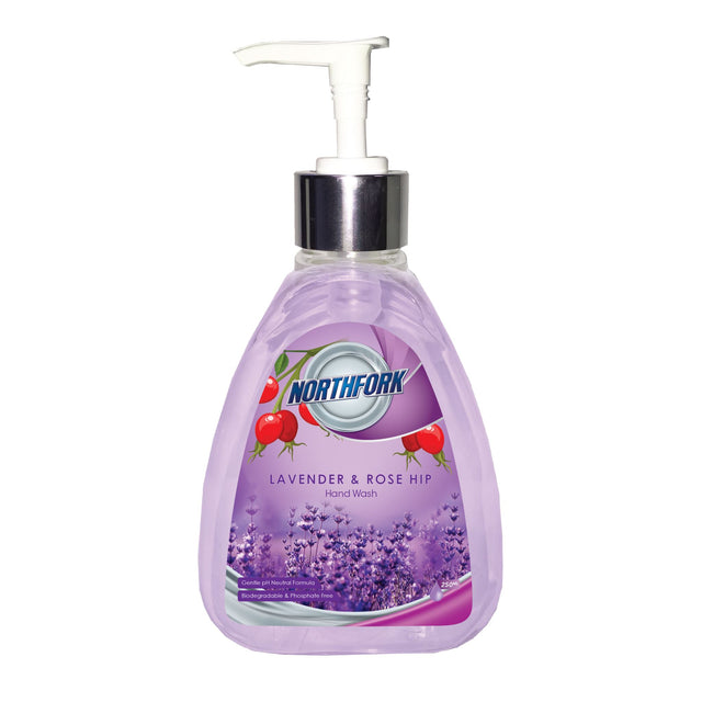 Northfork Liquid Hand Wash in lavender and rosehip, 250ml bottle with elegant triangular design and silver pump.