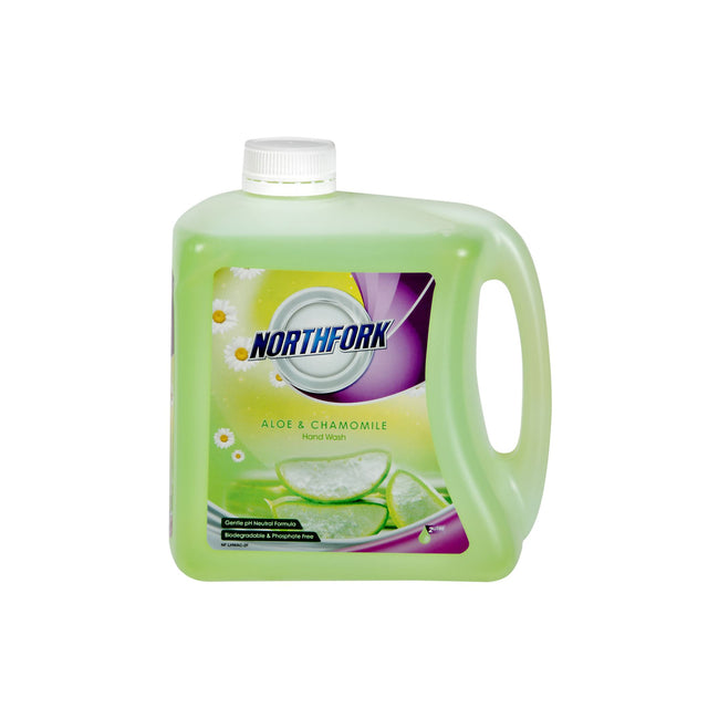 Northfork Liquid Hand Wash Aloe & Chamomile 2L bottle, features soothing aloe and chamomile for gentle skin cleansing.