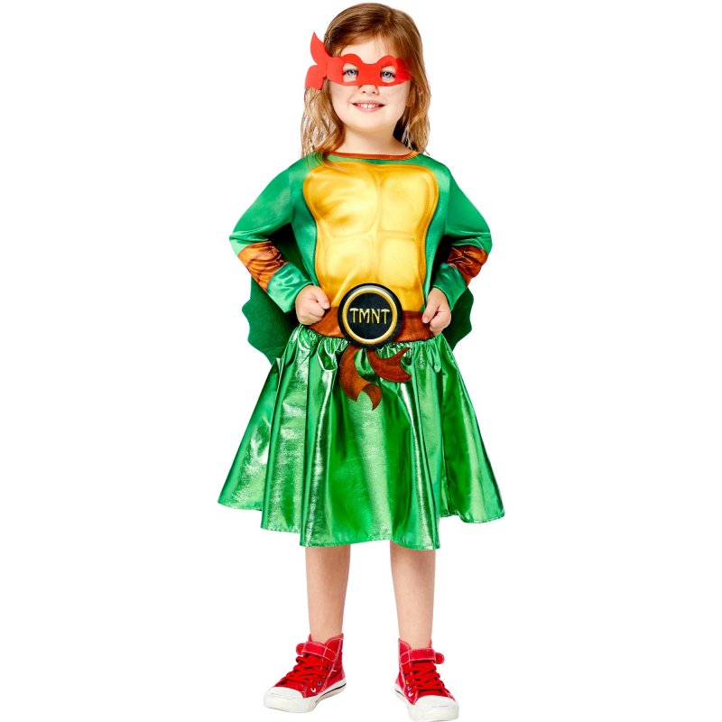 Vibrant TMNT girls costume with padded shell and 4 eye masks for ages 10-12, ideal for dress-up and cosplay.