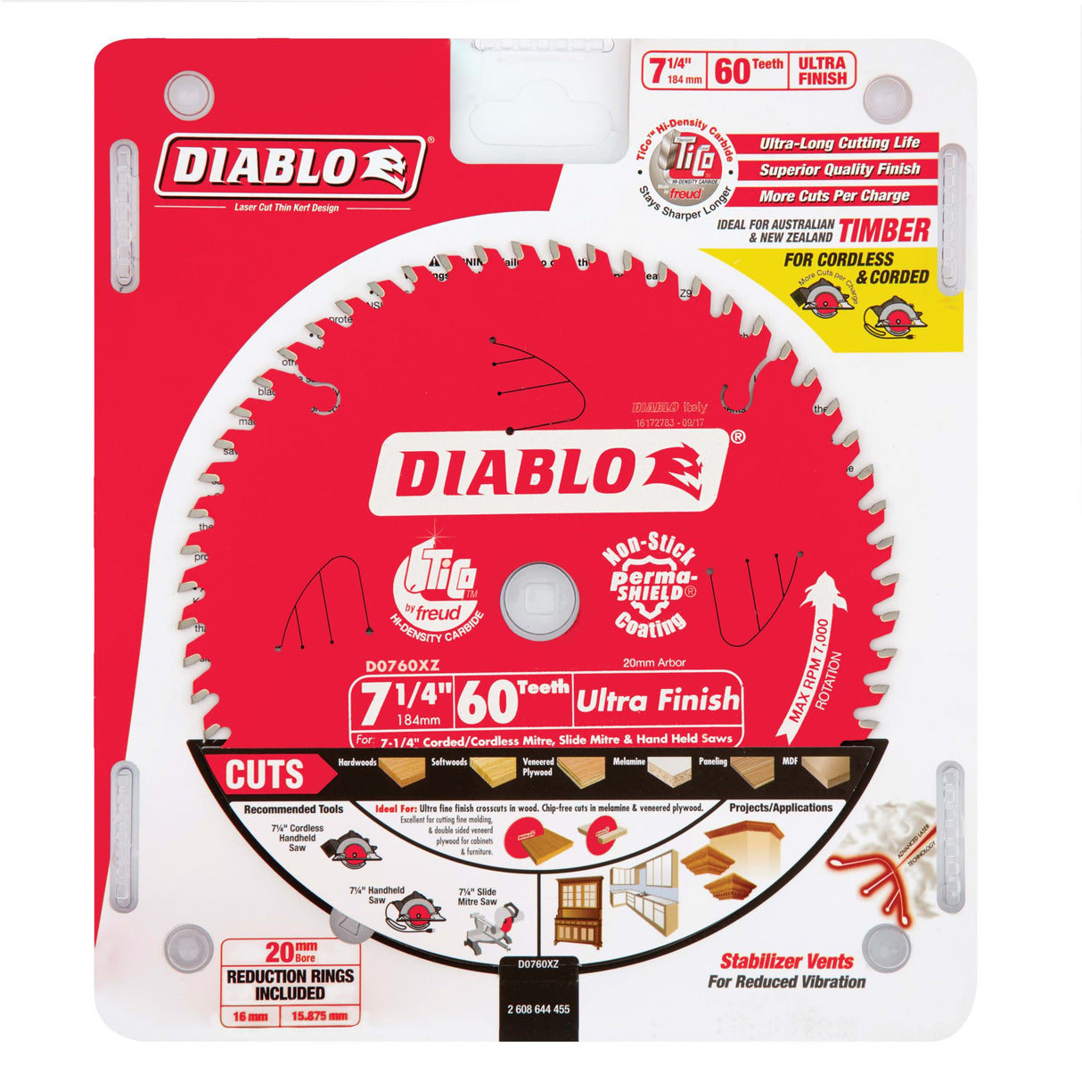 Diablo 60T Ultra Finish Saw Blade 7.25"/184mm (Each)