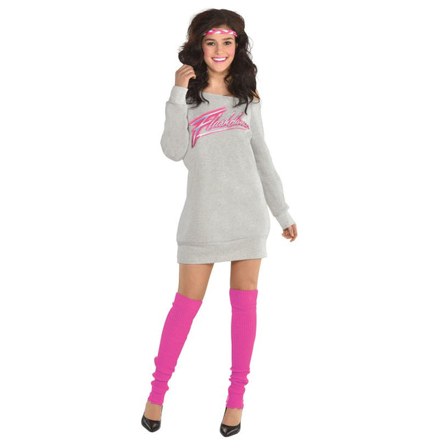 Women's Flashdance costume featuring a cozy jumper dress, leg warmers, and headband, perfect for 80s-themed events.