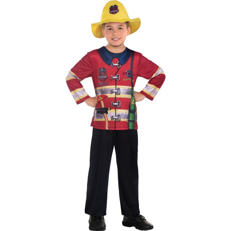 Eco-friendly fireman costume for toddlers, featuring a printed top and hat for imaginative play.