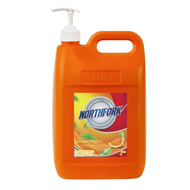 Northfork Natures Orange Pumice Hand Cleaner 5L, eco-friendly, heavy-duty hand cleanser with natural exfoliating power.