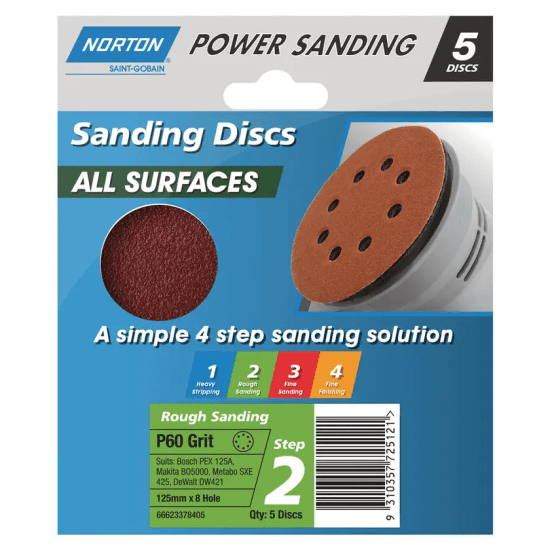 Norton Speedgrip Sanding Disc 8 Hole-125mm P60-5-Pack