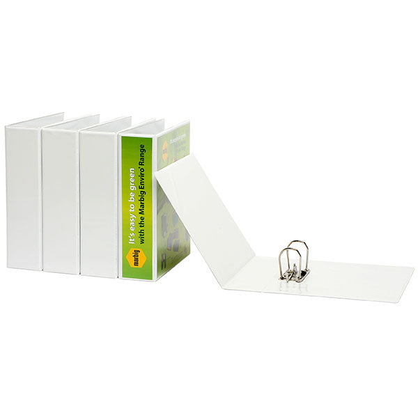 Eco-friendly Marbig L/Arch C/View A4 White lever arch file with 75mm capacity for up to 375 sheets and customizable cover.