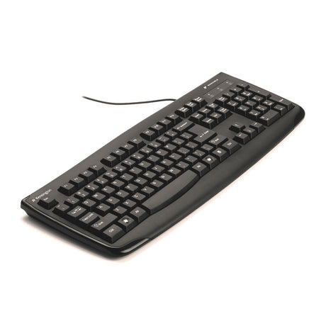 Kensington Washable Wired Keyboard, black, 104-key layout, antimicrobial, waterproof, soft-touch keys, ideal for hygiene-focused workspaces.