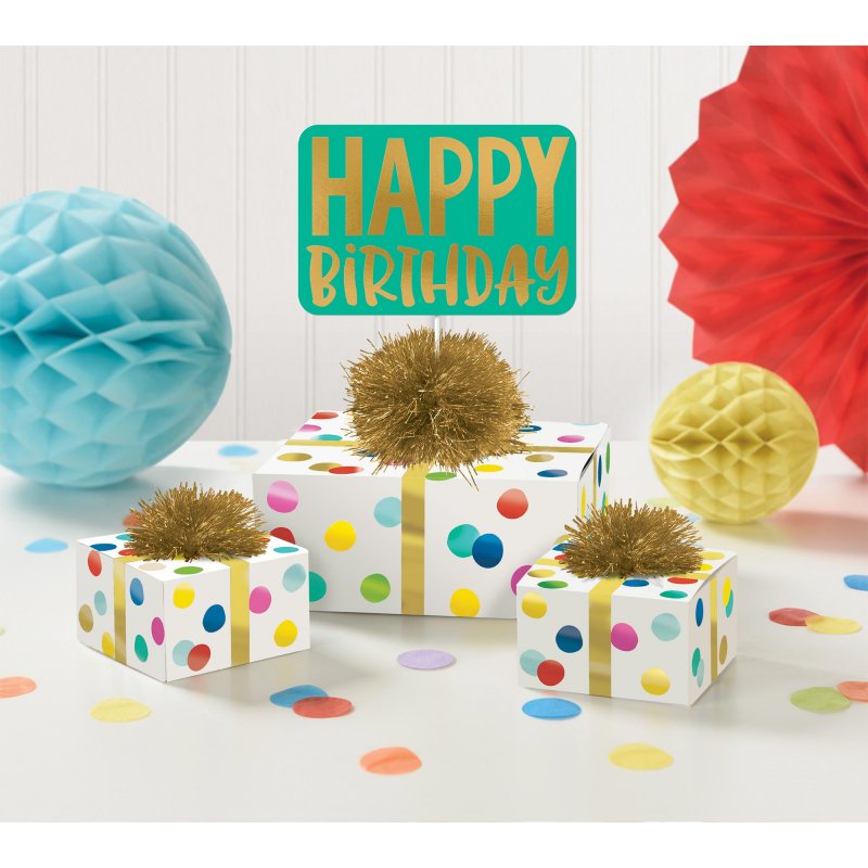 Vibrant Happy Dots table decorating kit featuring a 21cm centerpiece and two 5cm decorations for festive celebrations.