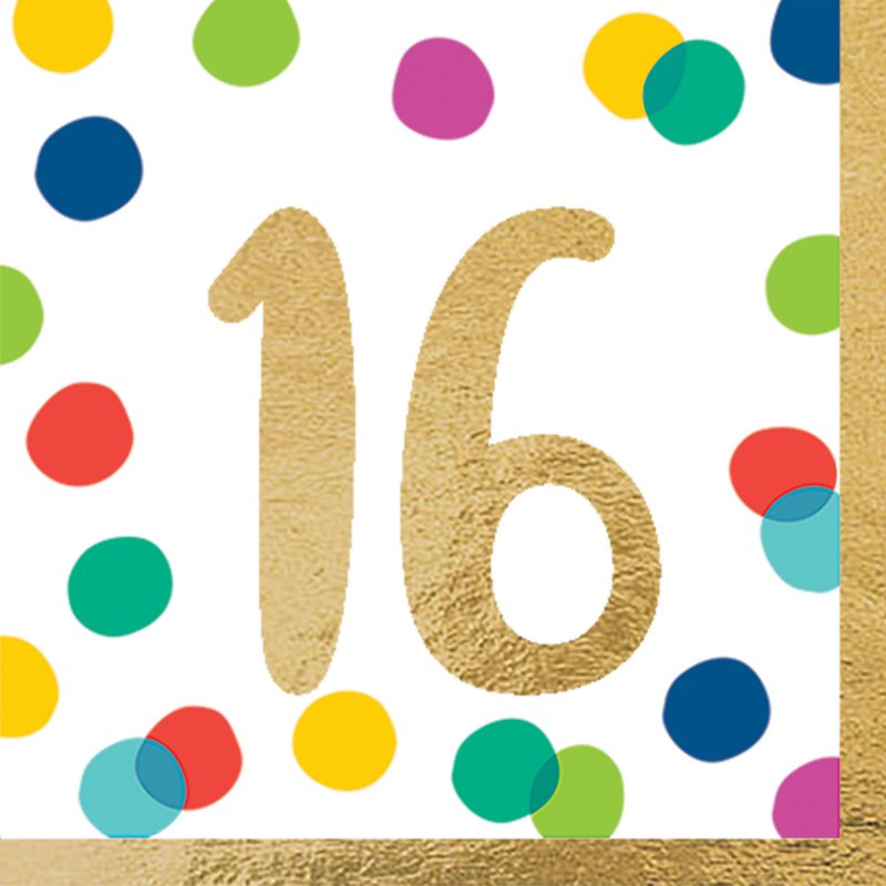 Colorful Happy Dots lunch napkins in a pack of 16, perfect for festive dining and celebrations.