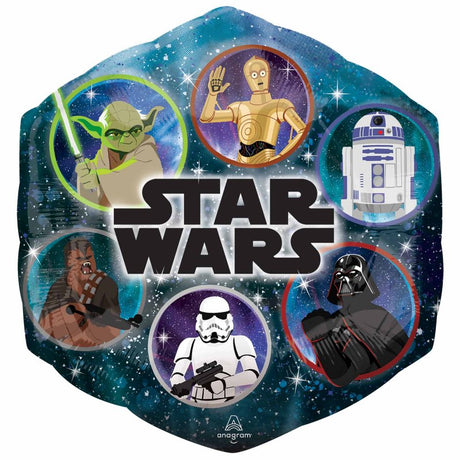 Self-sealing foil balloon shaped like a star, featuring Star Wars galaxy design, measures 58cm.