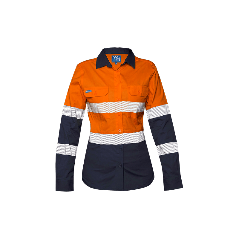 Workhorse, Women's Hi Vis Stretch Ripstop Shirt - Orange/Navy (Size: 10)