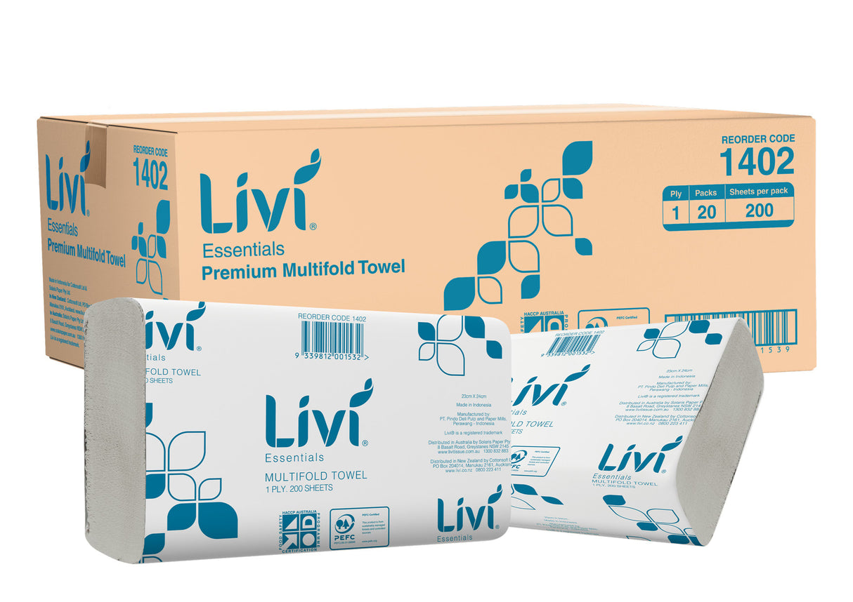 Livi Essentials 1ply Multifold Paper Towel 200 Sheets (Case of 20 Packs)