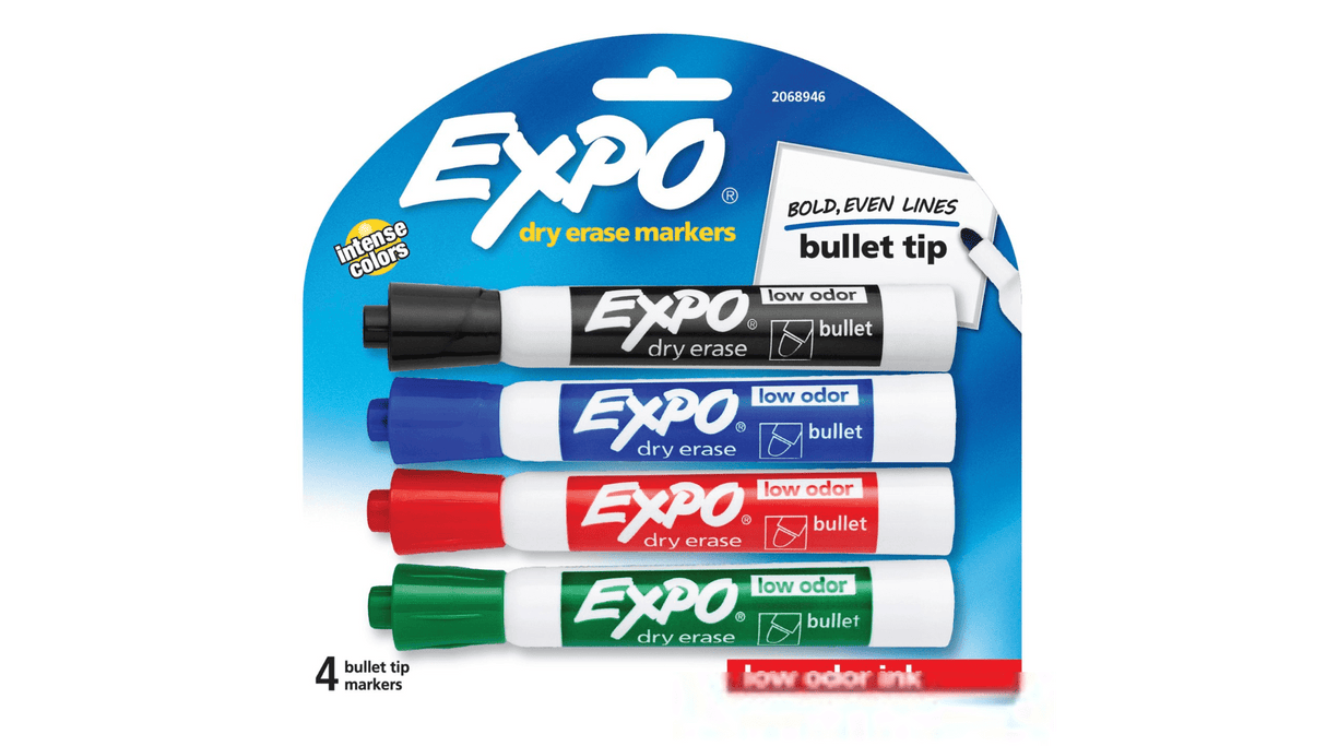 EXPO Low Odour Dry Erase Markers, Bullet Tip 4pk