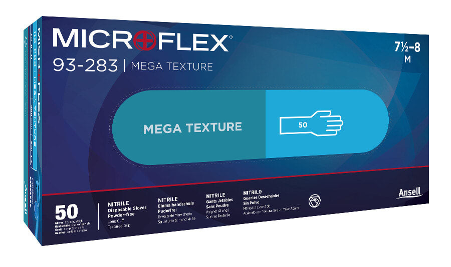 Microflex 93-283 Mega Texture Nitrile Gloves Blue 300mm,Pack of 50 (Pack)  - 2XL