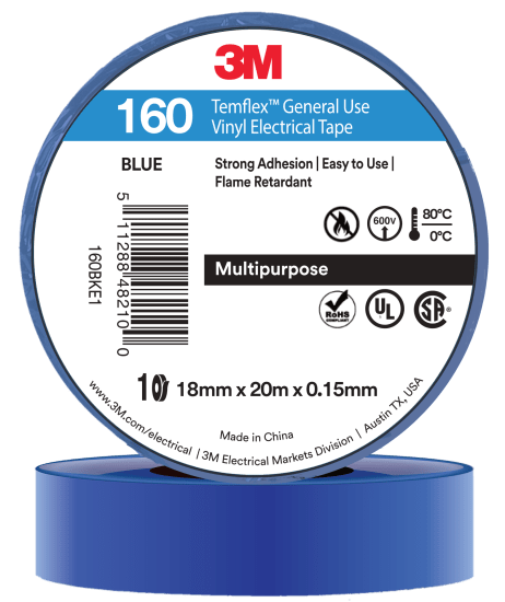 3M Temflex Vinyl Electrical Tape 160 Blue-18mm x 20m (Each)