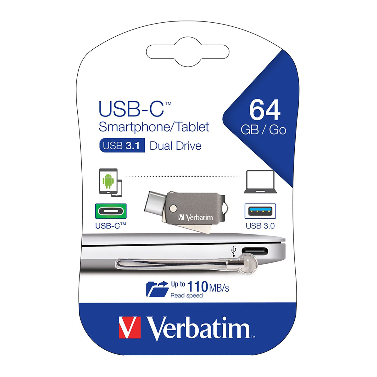 Verbatim On The Go USB-C 3.1 Drive 64GB, dual-head design, sturdy metal, lanyard for portability and fast data transfer.