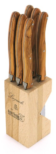 Verdier 6 Piece Knife Block Set in olive wood and stainless steel, featuring Laguiole Bee handles for enhanced precision and style.