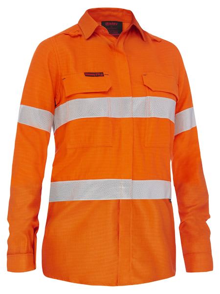 Bisley, Women's Hi Vis Flame Resistant Shirt - Orange (Size: 10)