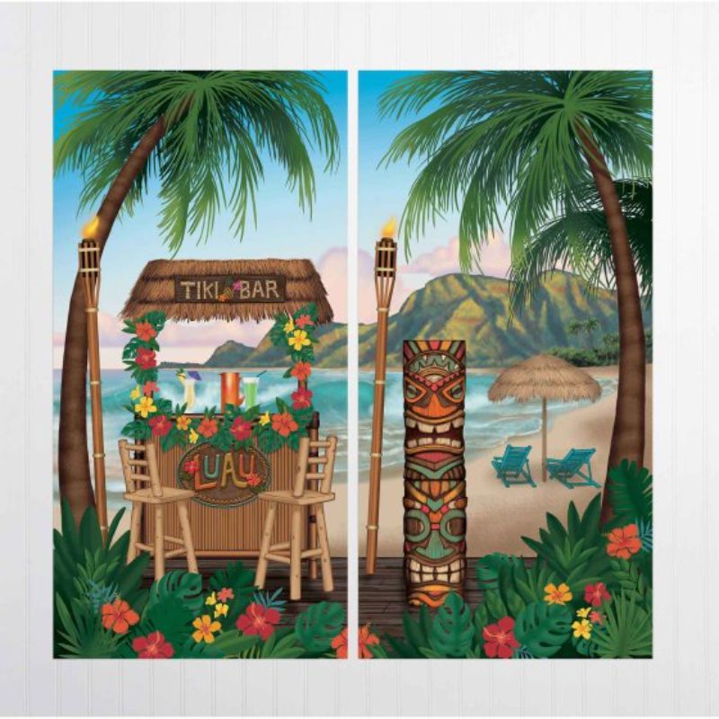 Set of 2 Vintage Tiki Scene Setters, vibrant tropical decor for luau parties, measuring 82cm x 165cm each.