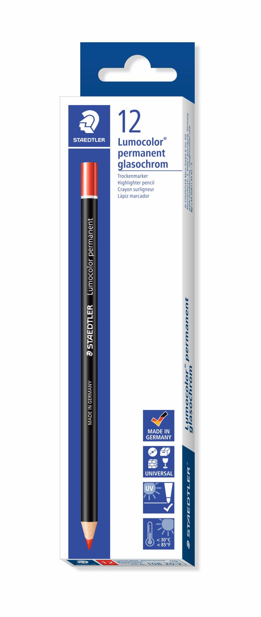 Lumocolor Glasochrom Permanent Pencil - Red (Pack of 12)