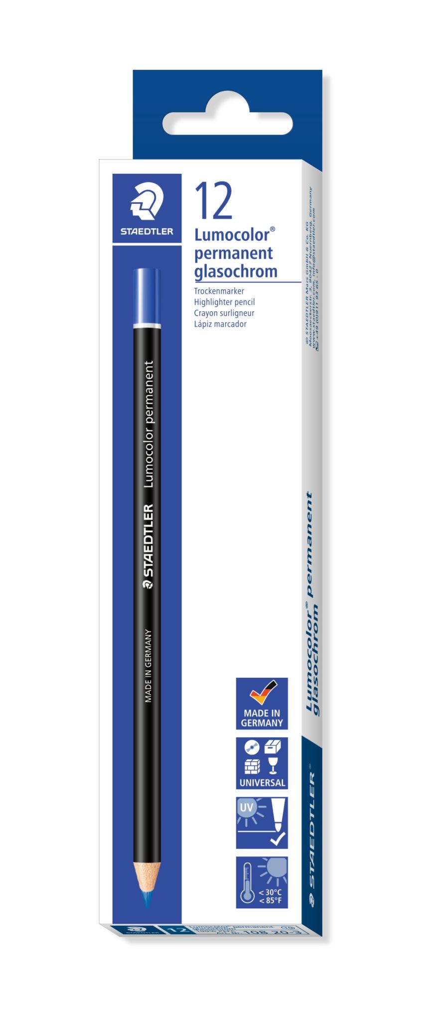 Lumocolor Glasochrom Permanent Pencil - Blue (Pack of 12)