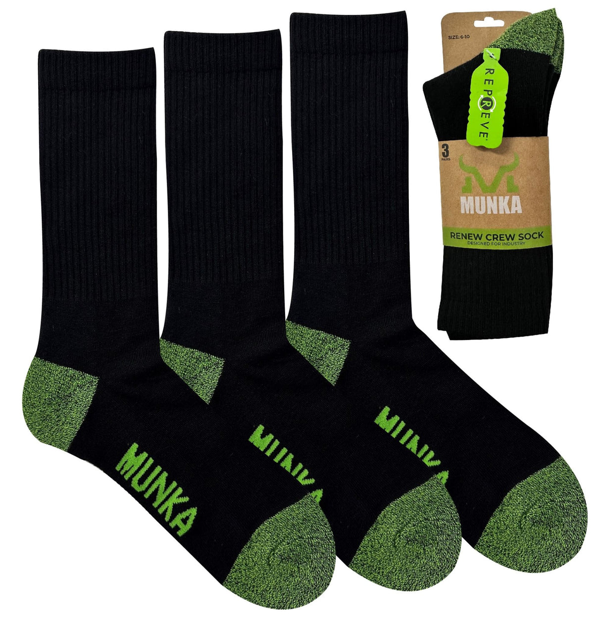 Munka Renew Socks - Black 3 (Pack) - Black (Size: 6-1)