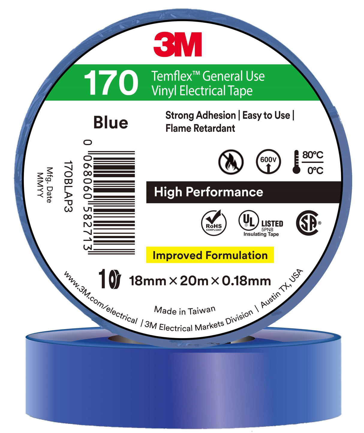 3M Temflex Vinyl Electrical Tape 170 Blue 18mm x 20m