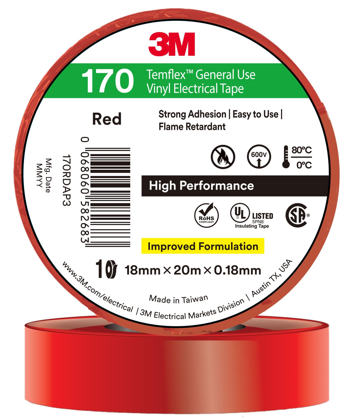 3M Temflex Vinyl Electrical Tape 170 Red 18mm x 20m
