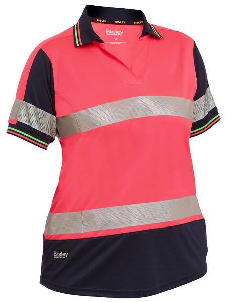 Bisley, Women's Hi Vis Short Sleeve V-Neck Polo - PINK/NAVY (Size: 16)