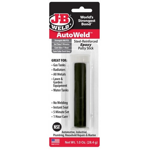 Autoweld Epoxy Putty Stick by JB Weld, dark grey, 5-minute set, 900 PSI strength for durable repairs and bonding.