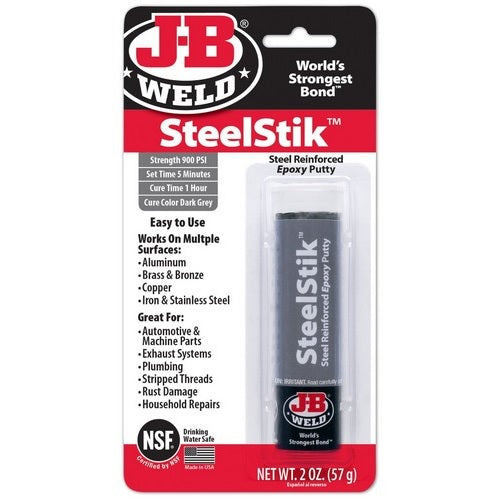 Weld Steelstik Epoxy Putty Stick by JB Weld, dark grey, for strong metal repairs, sets in 5 minutes, cures in 1 hour.