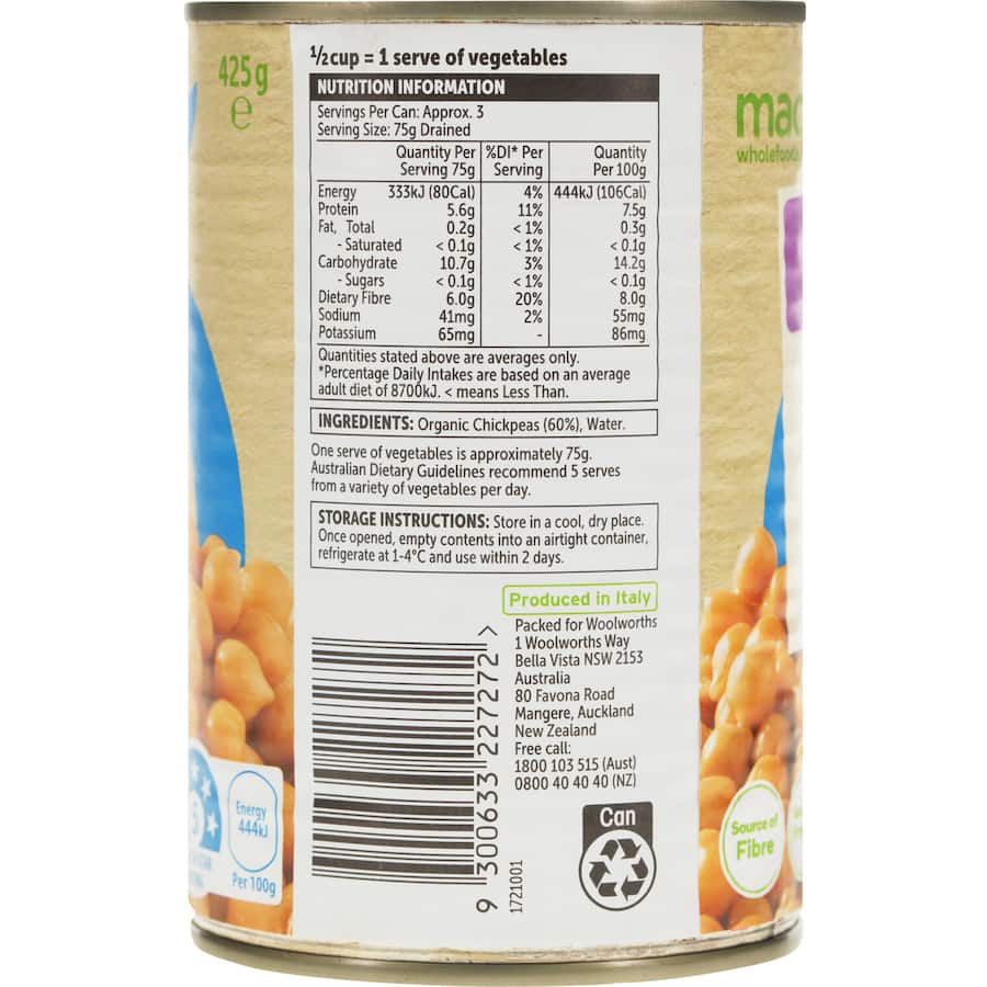 Macro Organic Chickpeas No Added Salt Can 425g