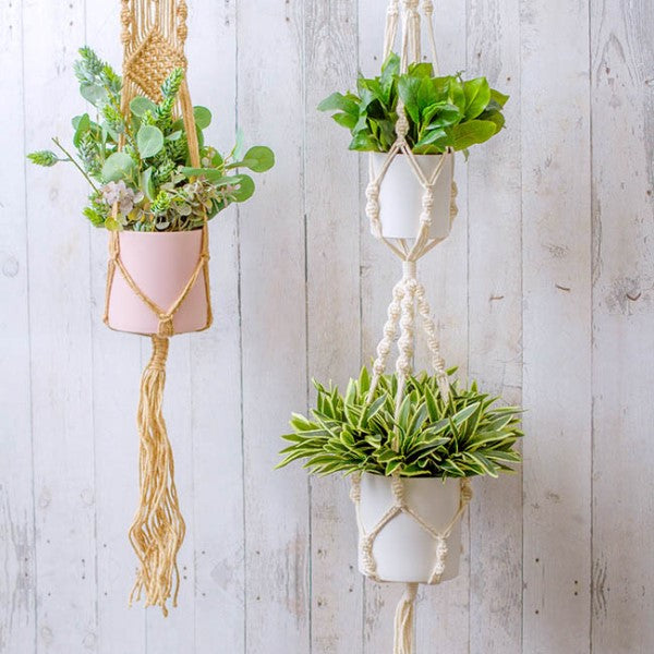 Macrame Hanging Double Pot Holder Twist White