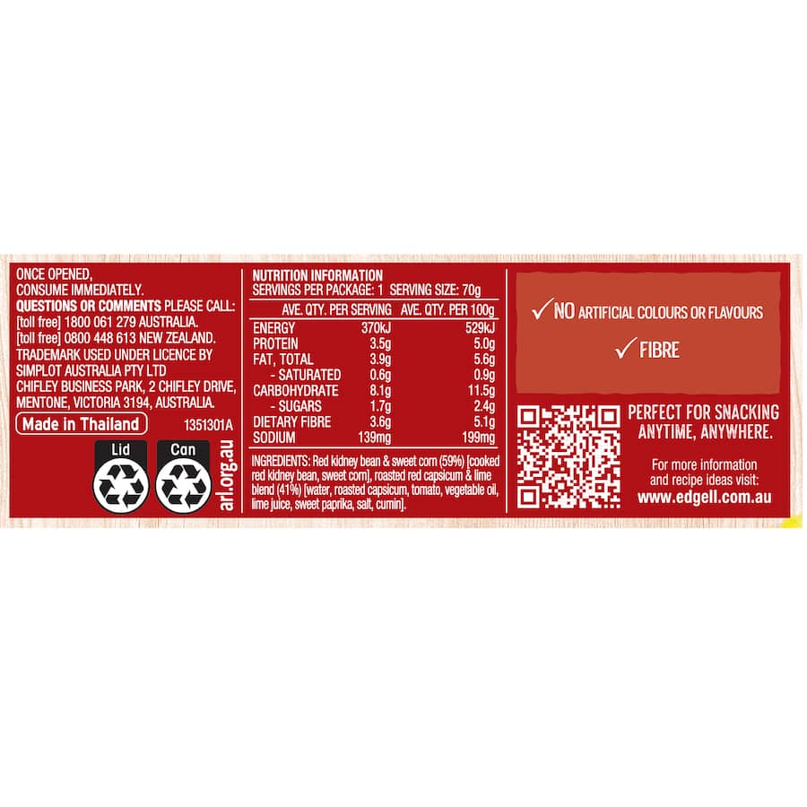Edgell Snacktime Red Kidney Beans With Corn, Capsicum & Lime 70g